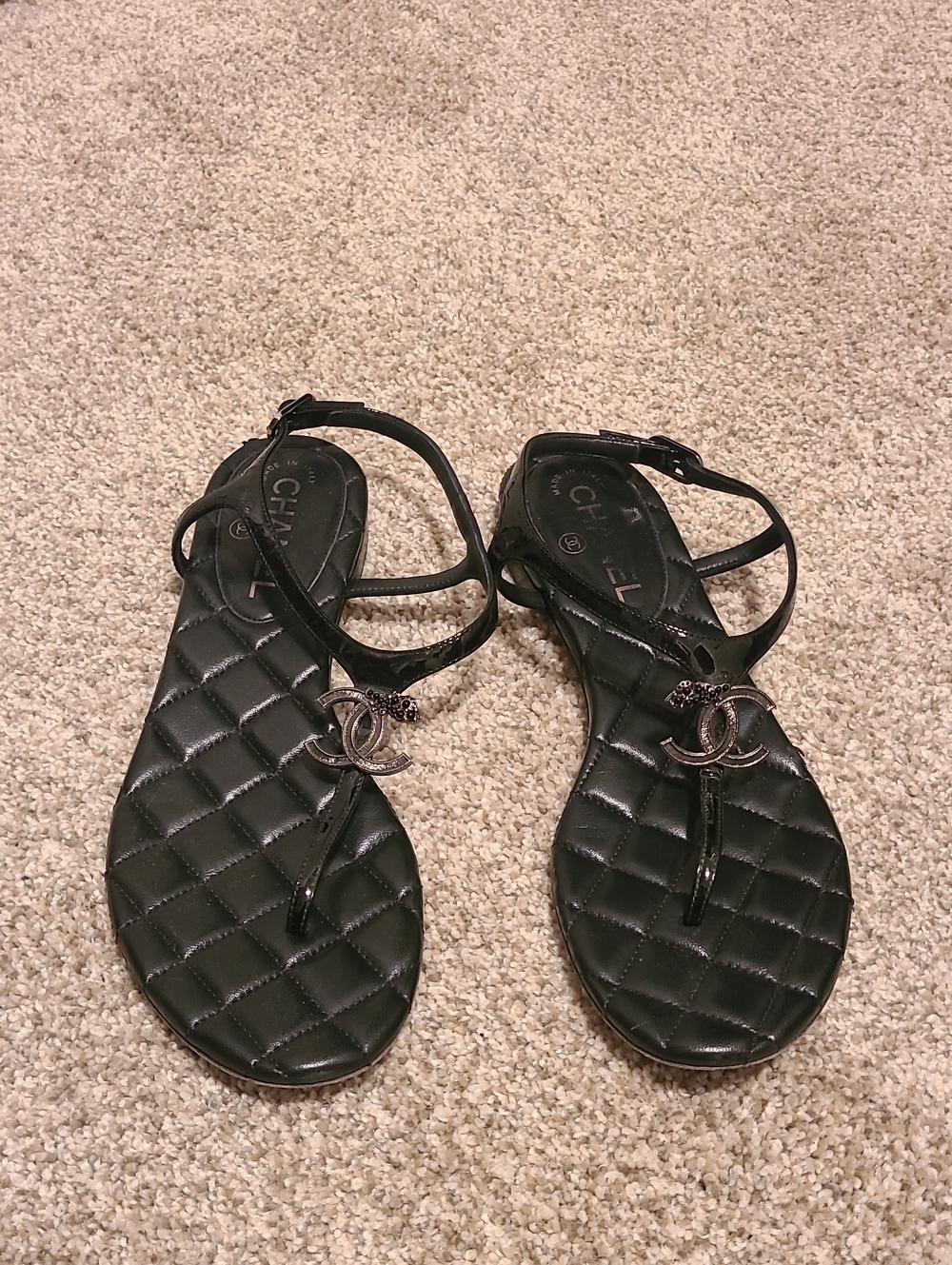 CHANEL Black Quilted CC Logo Strappy Sandals